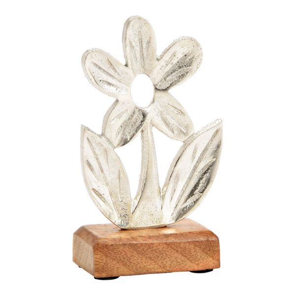 Soporte para flores sobre base de madera de mango de metal plateado (An./Al./Pr.) 9x15x5cm