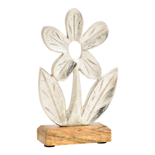 Soporte para flores sobre base de madera de mango de metal plateado (An./Al./Pr.) 12x20x5cm