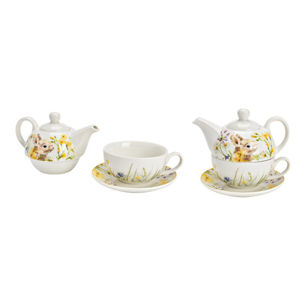 Juego de teteras de porcelana blanca con decoración de conejito, juego de 3 (ancho/alto/profundidad) 15 x 16 x 15 cm, 400 ml/250 ml