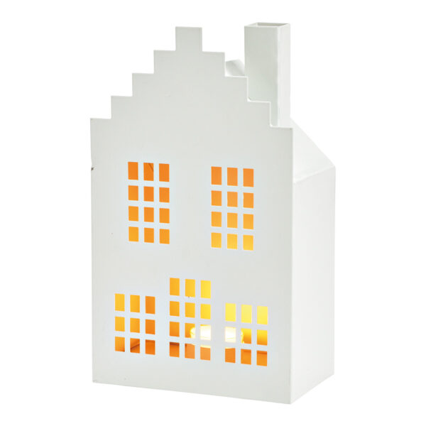 Portavelas de viento, casita de metal blanca (ancho x alto x profundidad) 15 x 25 x 9 cm