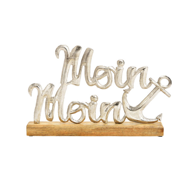 Letrero de pie, Moin Moin, decoración marítima, sobre base de madera de mango, fabricado en metal plateado (An./Al./Pr.) 35x22x5cm