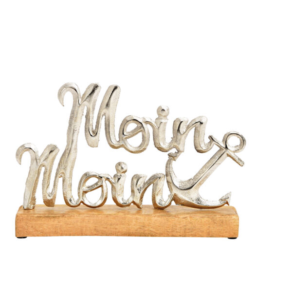 Letrero de pie, Moin Moin, decoración marítima, sobre base de madera de mango, fabricado en metal plateado (An./Al./Pr.) 27x18x5cm