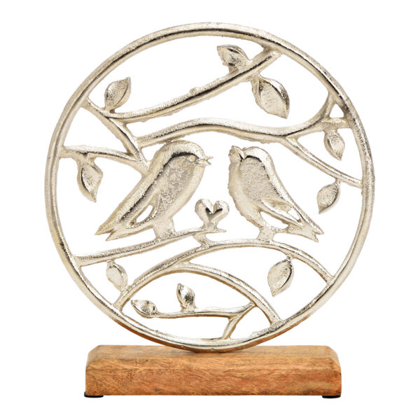 Soporte para pájaro, sobre base de madera de mango, fabricado en metal plateado (An./Al./Pr.) 20x22x5cm