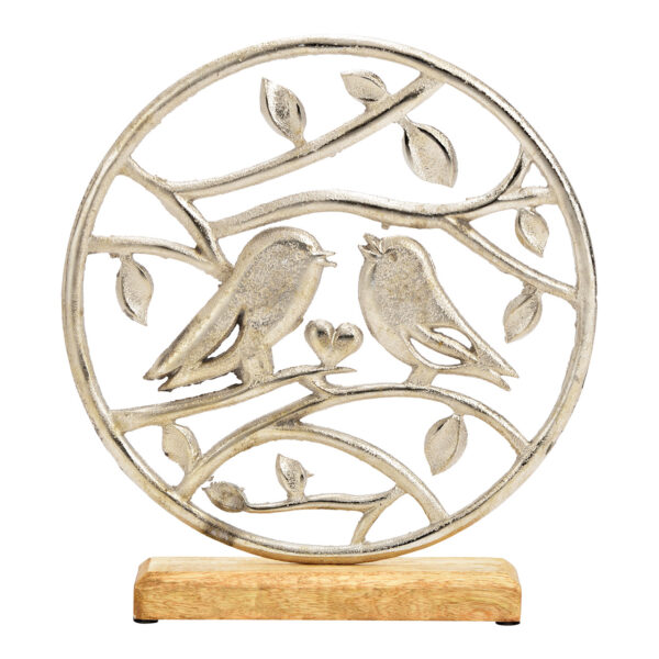Soporte para pájaro, sobre base de madera de mango, fabricado en metal plateado (An./Al./Pr.) 24x27x5cm