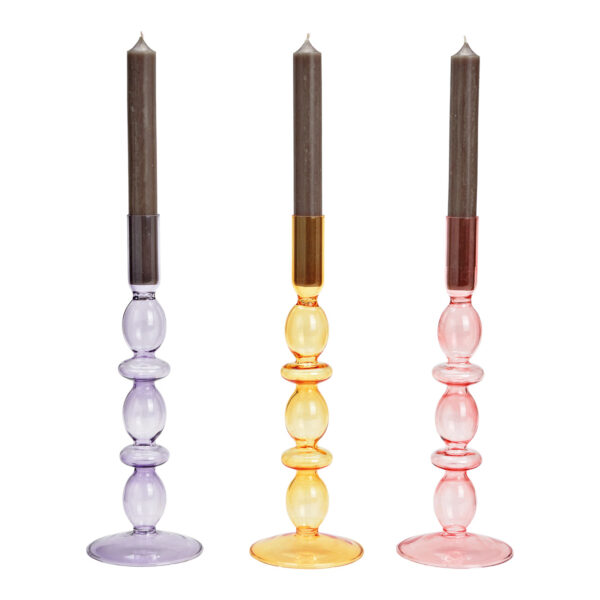Candelabro de cristal morado, rosa y marrón, 3 compartimentos, (ancho/alto/profundidad) 9 x 26 x 9 cm