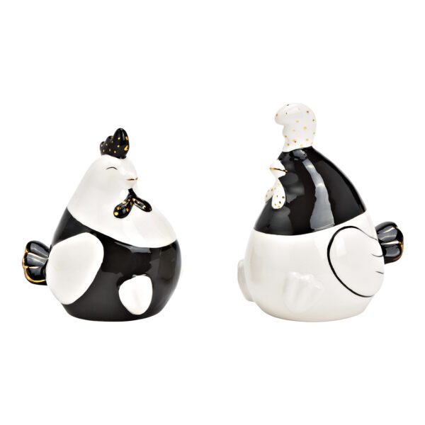 Gallo de porcelana blanco/negro, doble cara, (ancho/alto/profundidad) 8 x 14 x 10 cm