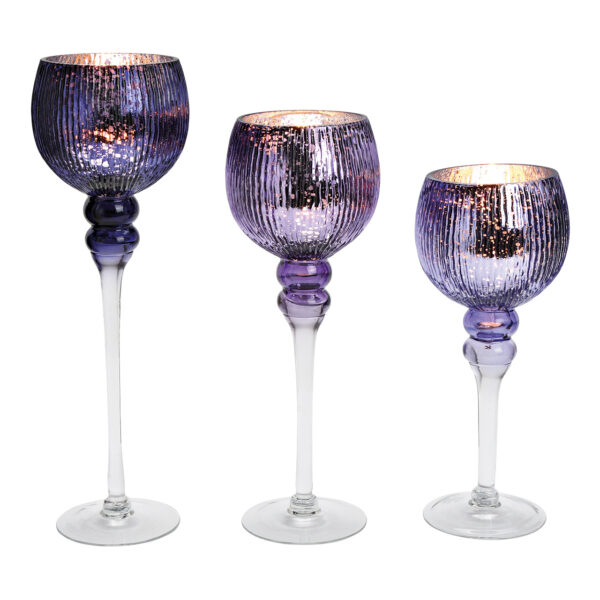 Juego de 3 faroles de viento de cristal morado y plateado, (ancho/alto/profundidad) 30, 35, 40 cm x Ø13 cm