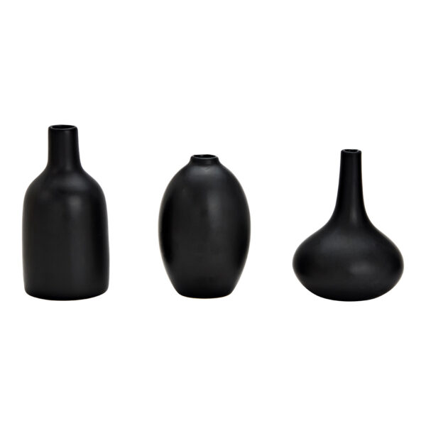 Juego de 3 jarrones de cerámica negra, (An./Al./Pr.) 9x12x9cm, 7x11x7cm, 7x14x7cm