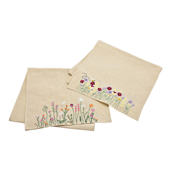 Camino de mesa con bordado floral lino beige doble cara, (An/Al) 140x40cm