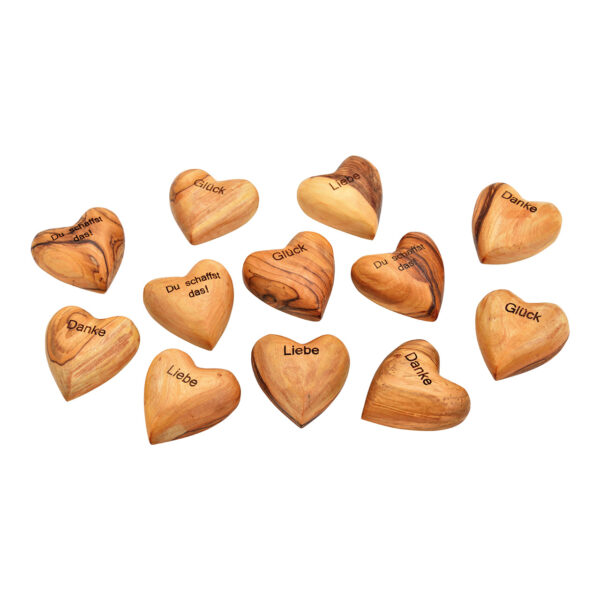 Corazones con letras en madera de olivo marrón, 4 surtido, (An./Al./Pr.) 4x2x4cm