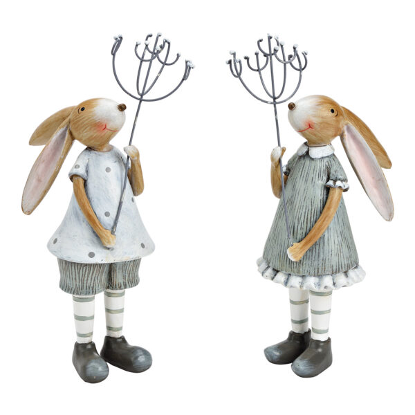 Conejito y niña de poliéster gris, 2 surtido, (An./Al./Pr.) 8 x 24 x 12 cm