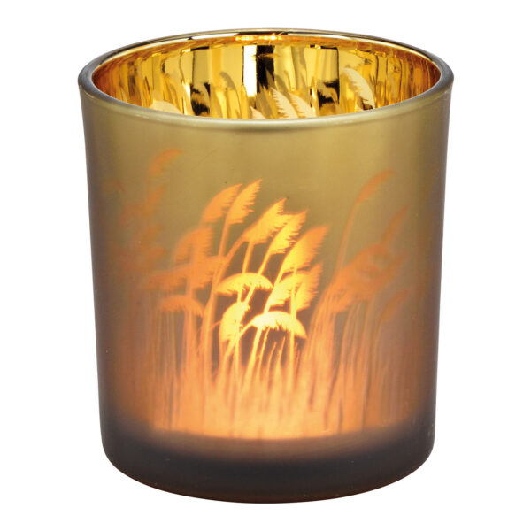 Lámpara de viento con decoración de hierba de la pampa de cristal marrón, dorado (ancho/alto/profundidad) 7 x 8 x 7 cm