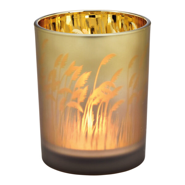 Lámpara de viento con decoración de hierba de la pampa de cristal marrón, dorado (ancho/alto/profundidad) 10 x 12 x 10 cm