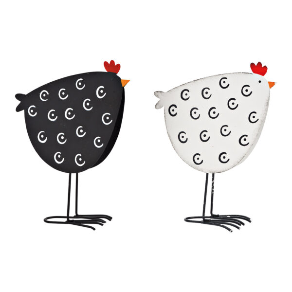 Gallina de metal negra y blanca, 2 compartimentos (ancho x alto x profundidad) 14 x 17 x 6 cm