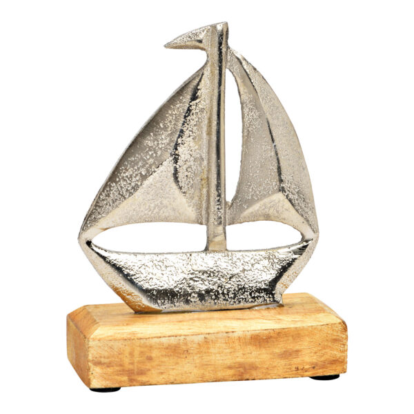 Soporte para velero sobre base de madera de mango, metal plateado (An./Al./Pr.) 10x13x5cm