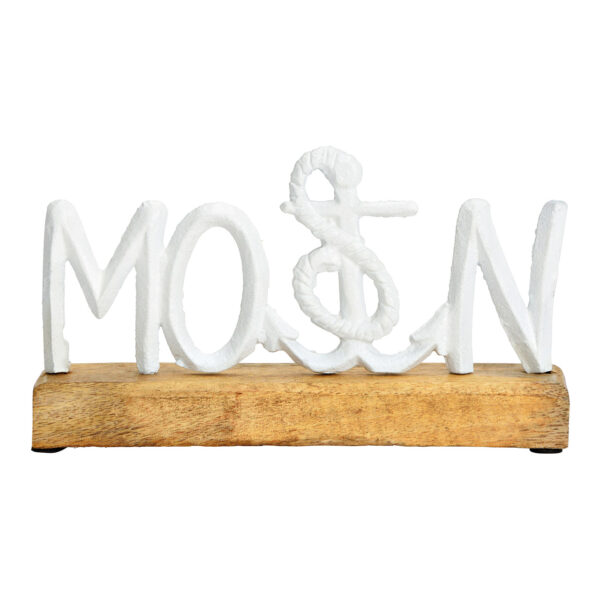 Soporte de decoración marítima, letras, Moin, sobre base de madera de mango, fabricado en metal blanco (An./Al./Pr.) 20x11x5cm
