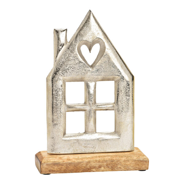 Casita de pie, sobre base de madera de mango, fabricada en metal color plata (An./Al./Pr.) 15x22x5cm