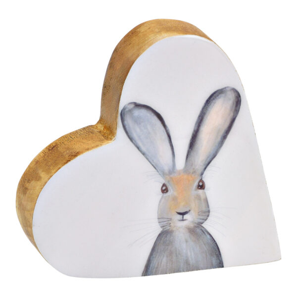 Decoración de conejo en forma de corazón de madera de mango con barniz esmaltado blanco, gris (ancho x alto x profundidad) 14 x 13 x 4 cm