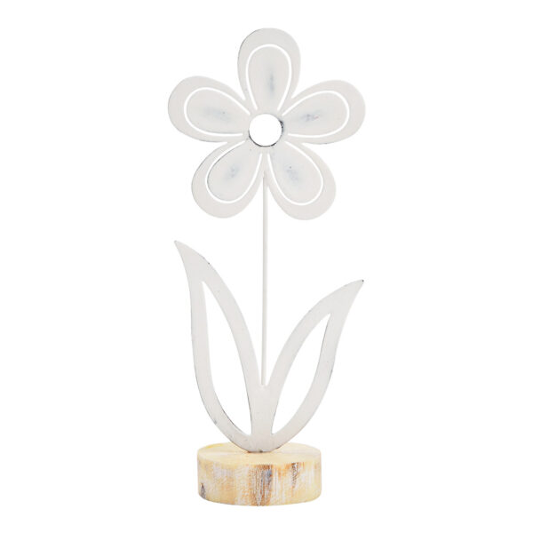 Flor sobre base de madera metal blanco (An./Al./Pr.) 10x22x6cm