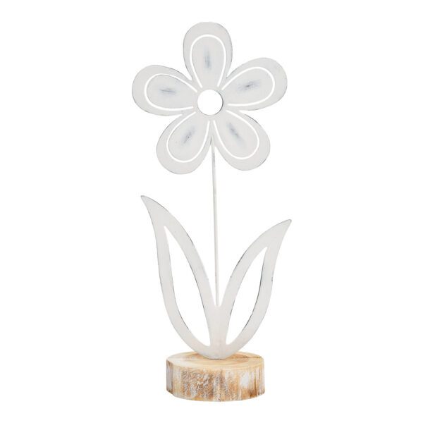 Flor sobre base de madera metal blanco (An./Al./Pr.) 14x32x9cm