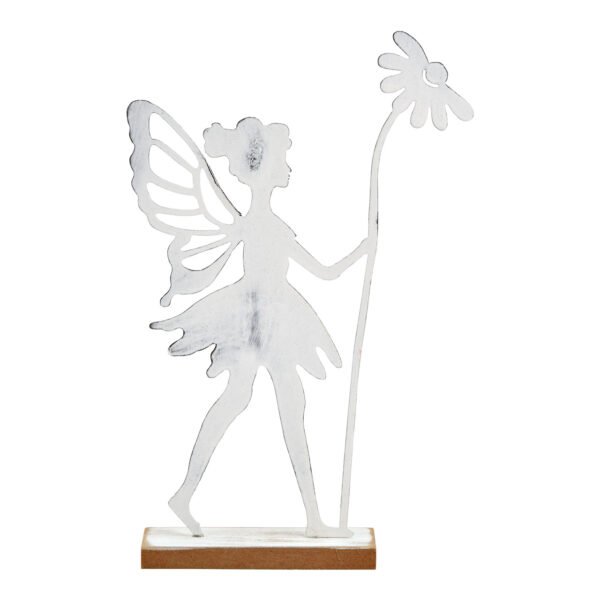 Elfo sobre base de madera de metal blanco (An./Al./Pr.) 14x21x4cm