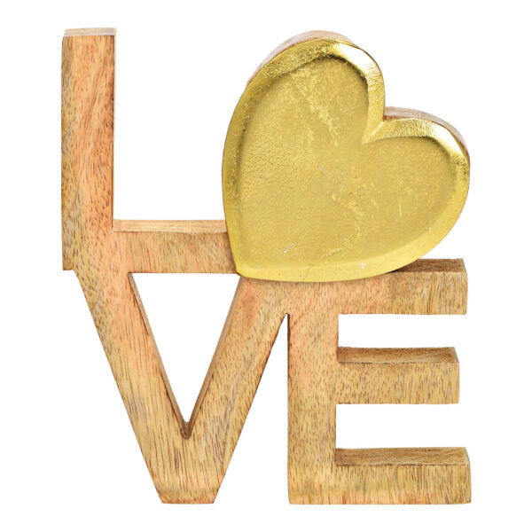 Letrero de madera Love, fabricado en madera de mango, metal natural, dorado (An./Al./Pr.) 16x19x4cm