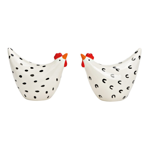 Pollo de cerámica negro, blanco, 2 piezas, (ancho/alto/profundidad) 12 x 9 x 6 cm