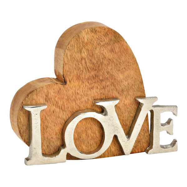 Soporte de corazón, con letras de metal, LOVE, fabricado en madera de mango natural (An./Al./Pr.) 16x12x3cm