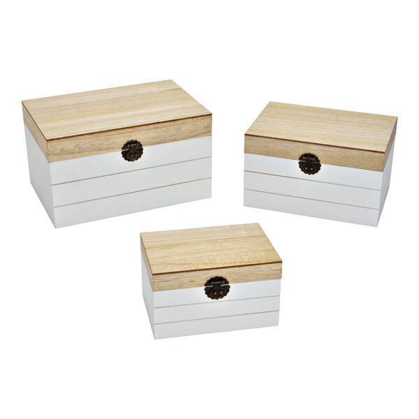 Juego de 3 cajas de almacenamiento de madera beige y blanca (ancho x alto x profundidad): 30 x 20 x 17 cm, 25 x 18 x 15 cm, 20 x 15 x 12 cm