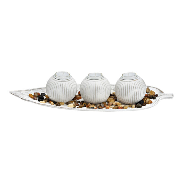 Portavelas 3er sobre bandeja con piedras de madera blanco (An./Al./Pr.) 45x10x18cm