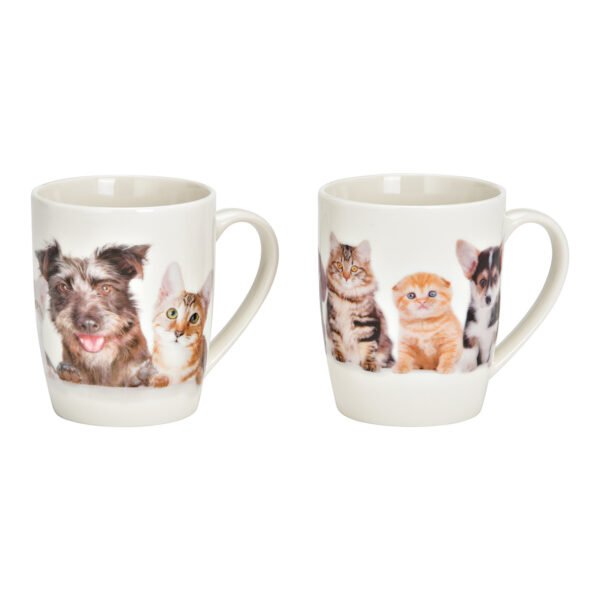 Taza de porcelana blanca con decoración de perro y gato, 2 compartimentos, (ancho x alto x profundidad) 12 x 10 x 8 cm, 360 ml