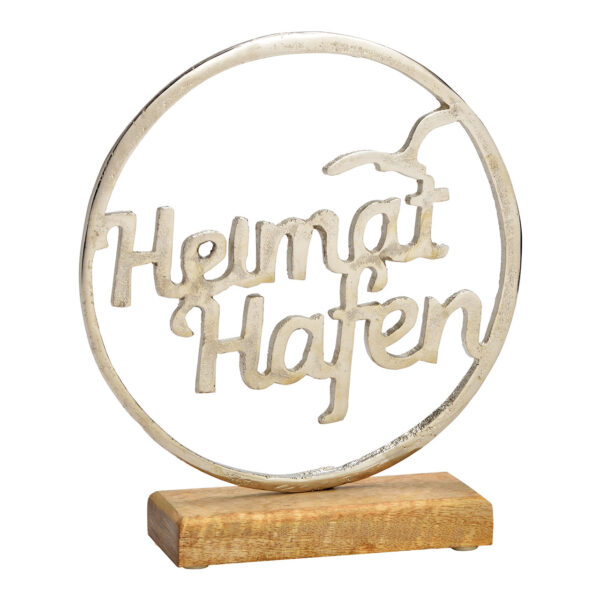 Letrero de pie, Heimat Hafen, sobre base de madera de mango, fabricado en metal plateado (an./al./pr.) 21x24x5cm