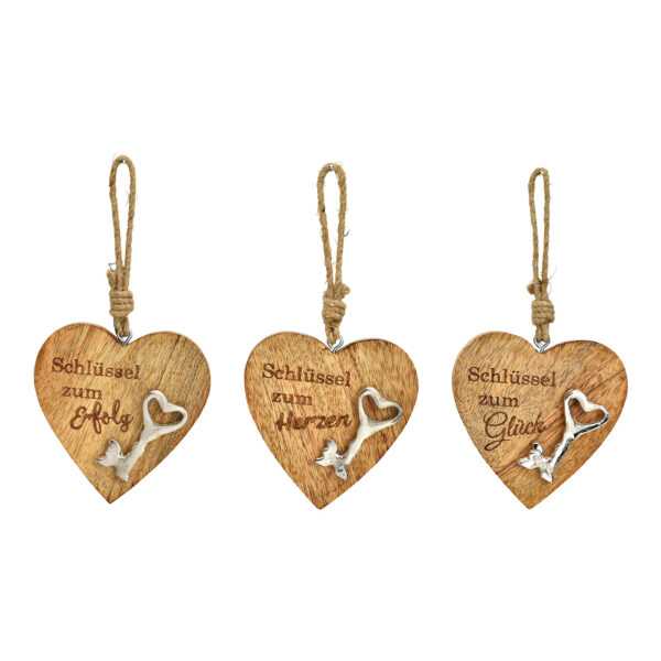 Para colgar corazón con llave de metal, llave de la felicidad, corazones, éxito, de madera de mango natural, 3 compartimentos, (An./Al./Pr.) 10x10x2cm