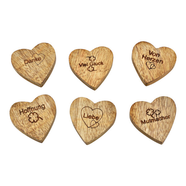Corazón con palabras, Liebe, Danke, Von Herzen, Viel Glück, Mutmacher, Hoffnung, de madera de mango natural 6 veces, (An/Al/Pr) 6x1x6cm