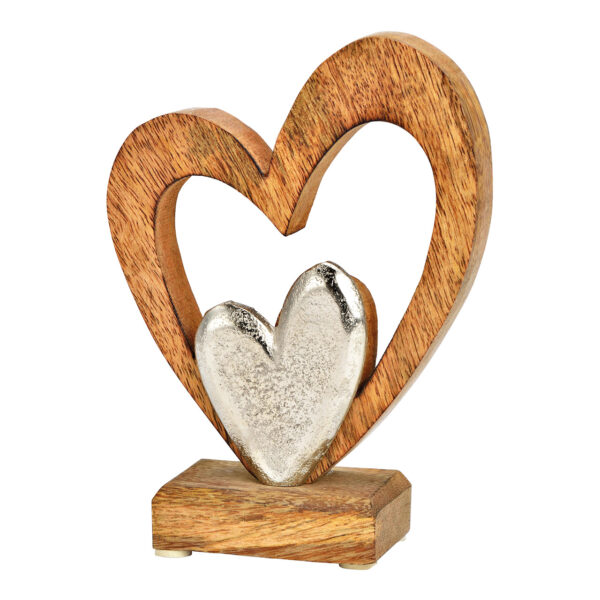 Soporte corazón con corazón de metal, fabricado en madera de mango natural (An./Al./Pr.) 13x17x5cm