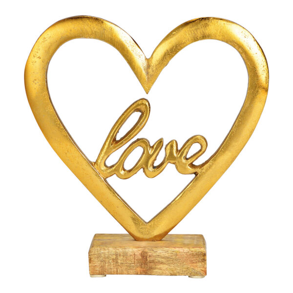 Soporte corazón Love, sobre base de madera de mango, fabricado en metal dorado (An./Al./Pr.) 18x19x5cm