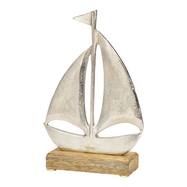 Soporte para velero sobre base de madera de mango, metal plateado (An./Al./Pr.) 14x22x5cm