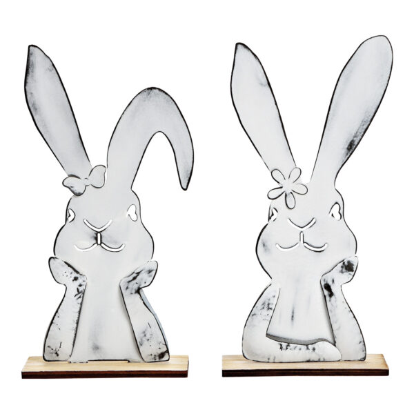Conejito sobre base de madera, metal blanco, doble pliegue, (An./Al./Pr.) 14x28x5cm