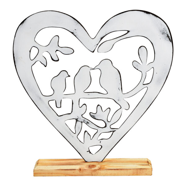 Corazón, decoración de pájaro, sobre base de madera, fabricado en metal blanco (An./Al./Pr.) 23x23x5cm