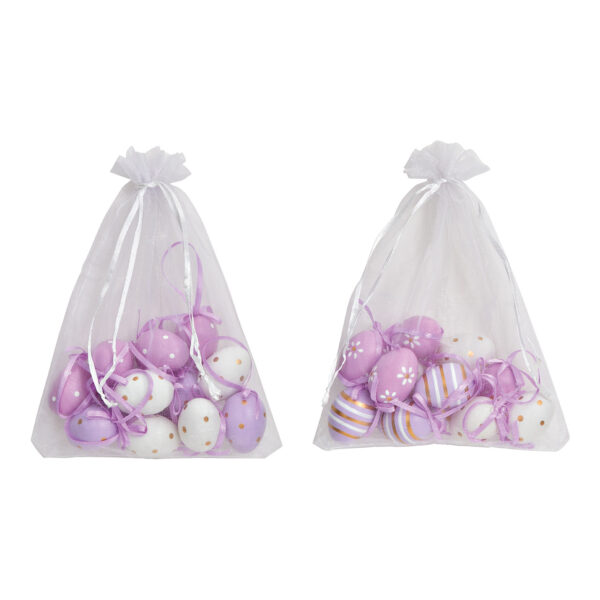 Para colgar para huevos de Pascua, set de 12 unidades, 3x4x3cm, en bolsa de organza, de plástico morado, blanco, 2 surtido,