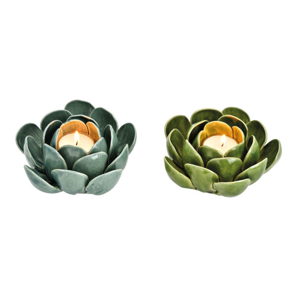Portavelas de cerámica verde con forma de flor, 2 compartimentos, (ancho/alto/profundidad) 10 x 6 x 10 cm