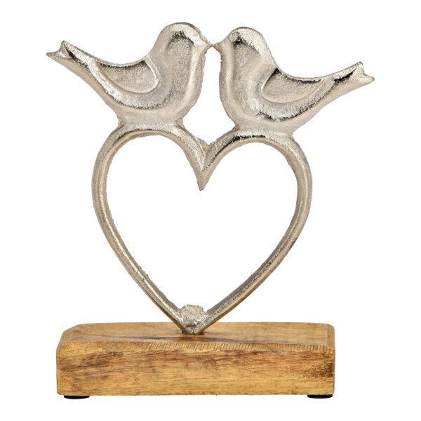 Decoración de pájaro en forma de corazón sobre base de madera de mango, hecha de metal plateado (An./Al./Pr.) 15x17x5cm
