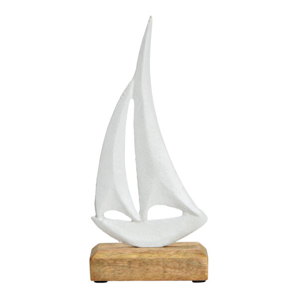 Velero sobre base de madera de mango de metal blanco (An./Al./Pr.) 10x22x5cm