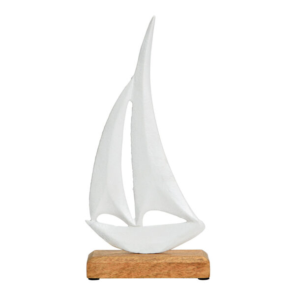 Velero sobre base de madera de mango, fabricado en metal blanco (An./Al./Pr.) 13x27x5cm