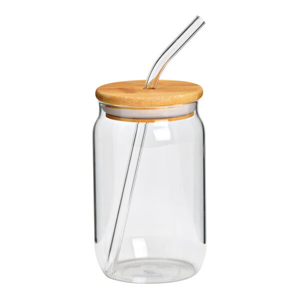 Vaso para beber con tapa de bambú y pajita de cristal transparente (An./Al./Pr.) 7x12x7cm