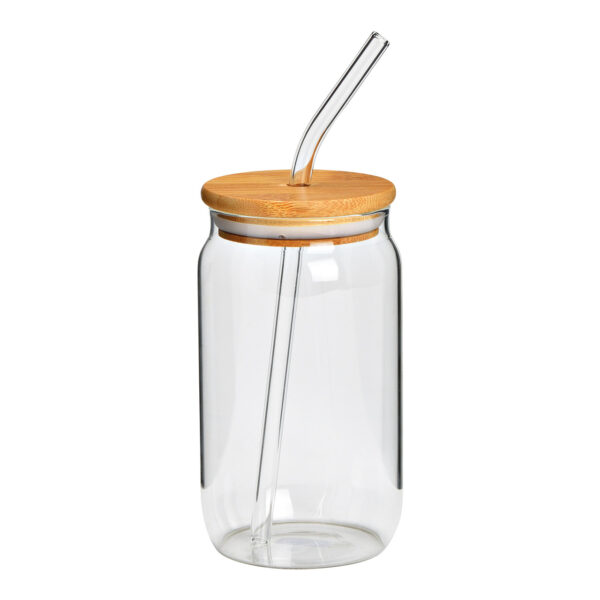 Vaso para beber con tapa de bambú y pajita de cristal transparente (An./Al./Pr.) 8x13x8cm