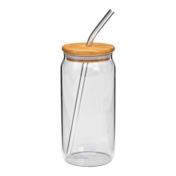 Vaso para beber con tapa de bambú y pajita de cristal transparente (An./Al./Pr.) 8x16x8cm