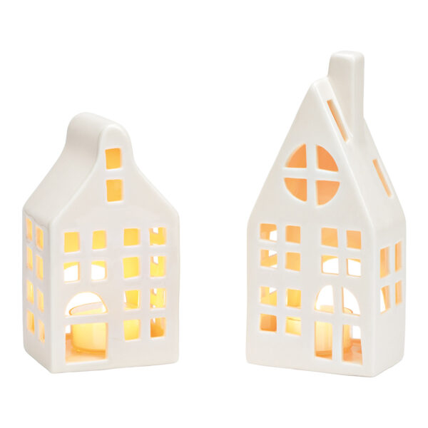 Casita de cerámica blanca con luz de viento, 2 compartimentos, (ancho/alto/profundidad) 7 x 13 x 6 cm, 7 x 17 x 5 cm