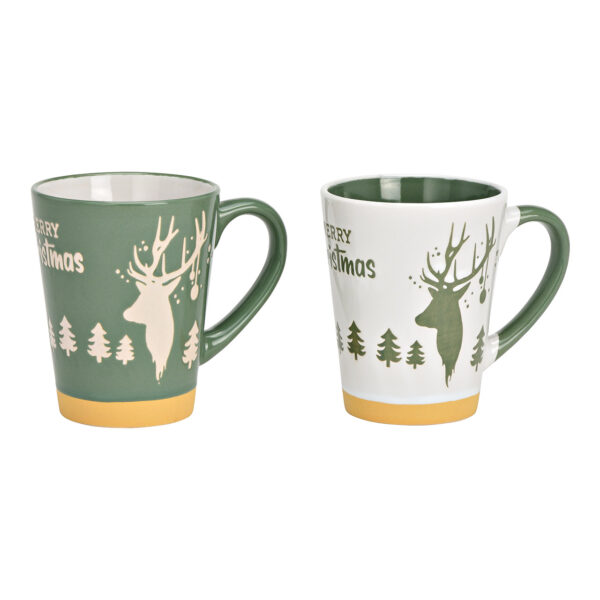 Taza con decoración de alce, Feliz Navidad, cerámica verde, blanca, 2 compartimentos, (ancho/alto/profundidad) 12 x 11 x 8 cm, 360 ml