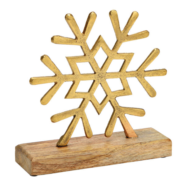 Copo de nieve sobre base de madera de mango de metal dorado (An./Al./Pr.) 18x18x6cm